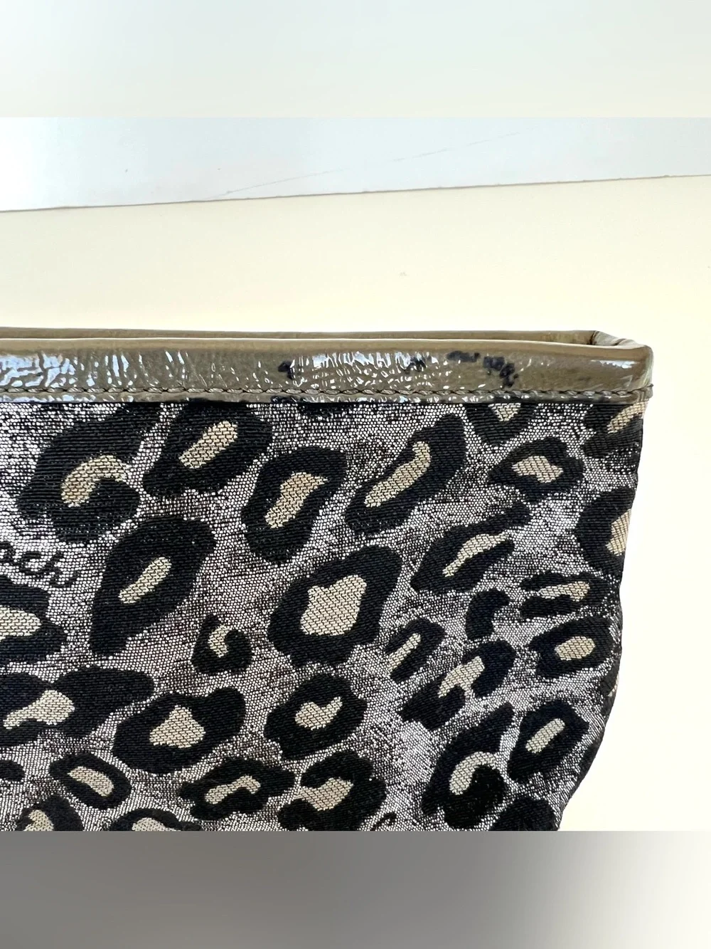 COACH Taupe Patent Leather Black Silver Leopard Print Zipper Clutch Wristlet
